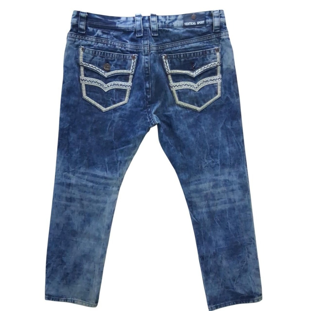Vertical Sport Mens Distressed Straight Leg Jeans 38x30 Blue Embroidered Pockets